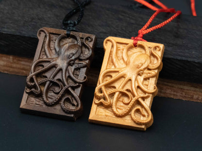 Octopus Necklace pendant, octopus gift,wood carving, Black Walnut wood, Cherry Wood, Octopus Gifts,octopus relief,octopus sculpt