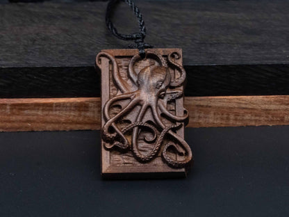 Octopus Necklace pendant, octopus gift,wood carving, Black Walnut wood, Cherry Wood, Octopus Gifts,octopus relief,octopus sculpt