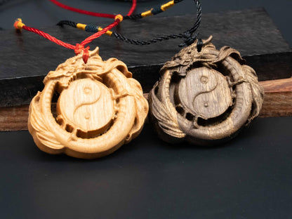 wooden dragon,Tai Chi  pendant,Taoism,yin yang necklace,wooden dragon pendant,Dragon circle,wood carving,carve pendant,carve dragon pendant