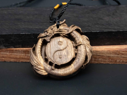 wooden dragon,Tai Chi  pendant,Taoism,yin yang necklace,wooden dragon pendant,Dragon circle,wood carving,carve pendant,carve dragon pendant