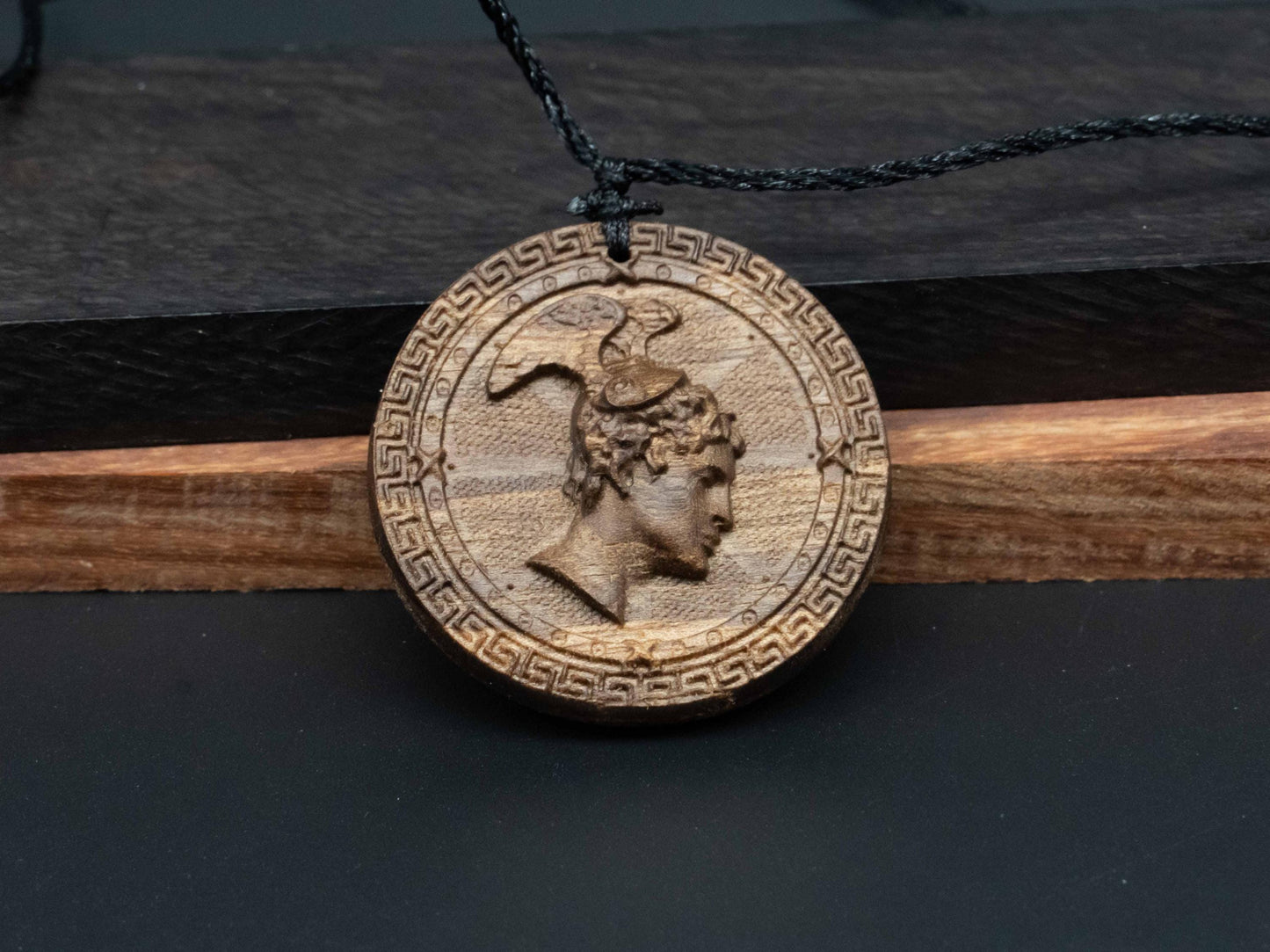 Perseus Wooden Necklace,wooden pendant,wood carving,Black Walnut ,Cherry Wood Pendant ,ncient Greek Mythology Jewelry,