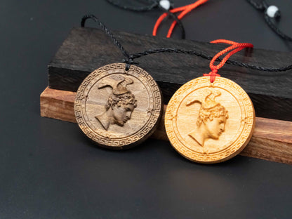 Perseus Wooden Necklace,wooden pendant,wood carving,Black Walnut ,Cherry Wood Pendant ,ncient Greek Mythology Jewelry,