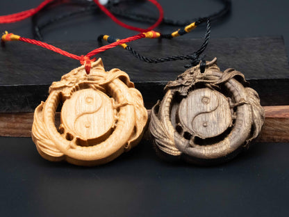 wooden dragon,Tai Chi  pendant,Taoism,yin yang necklace,wooden dragon pendant,Dragon circle,wood carving,carve pendant,carve dragon pendant