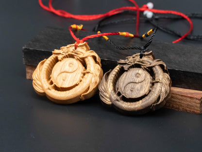 wooden dragon,Tai Chi  pendant,Taoism,yin yang necklace,wooden dragon pendant,Dragon circle,wood carving,carve pendant,carve dragon pendant