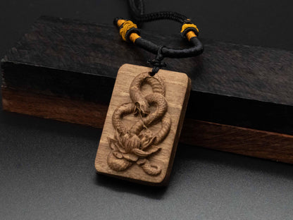 snake necklace,year of snake,lotus pendant,wood snake pendant,wood carving,carve snake pendant,symbolize Transformation and Rebirth