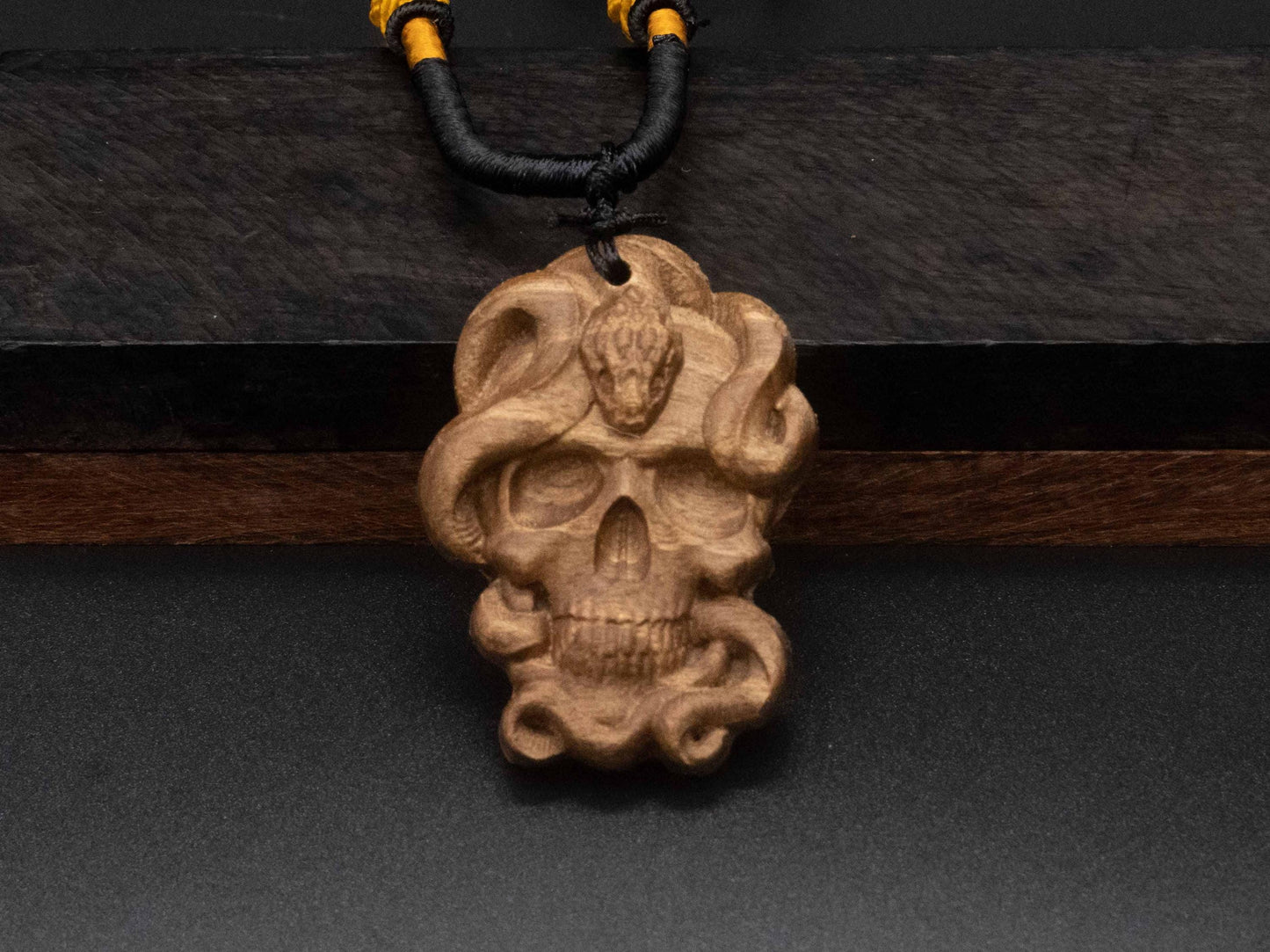 Snake and Skull Pendant | Carved Wooden Necklace in Black Walnut and Cherry Wood | wood carving | Unique Animal and Symbolic Design