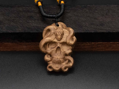 Snake and Skull Pendant | Carved Wooden Necklace in Black Walnut and Cherry Wood | wood carving | Unique Animal and Symbolic Design