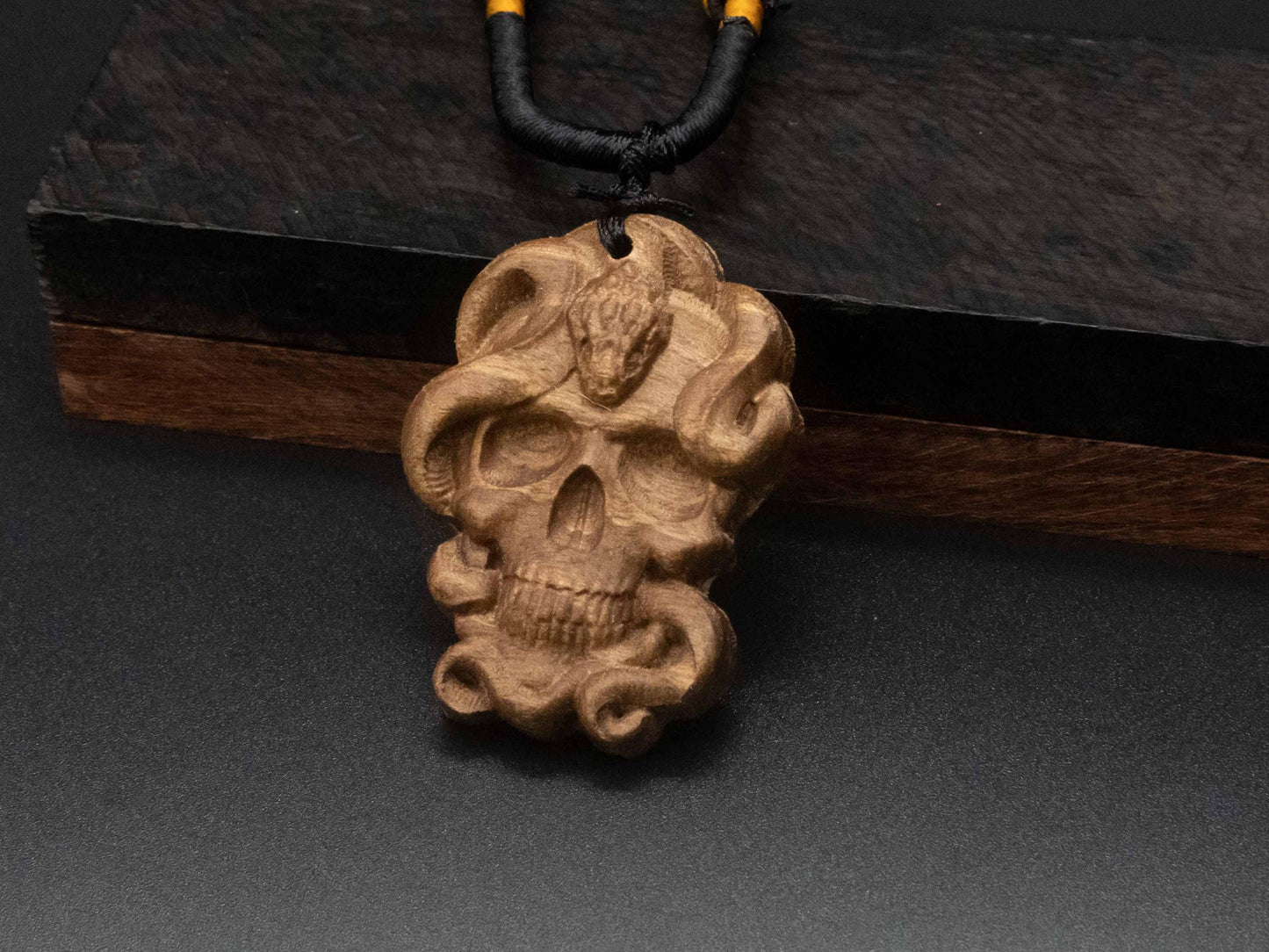 Snake and Skull Pendant | Carved Wooden Necklace in Black Walnut and Cherry Wood | wood carving | Unique Animal and Symbolic Design