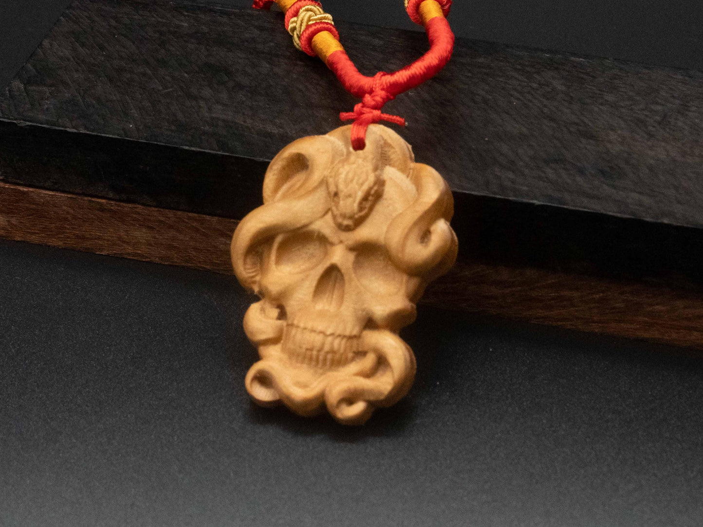 Snake and Skull Pendant | Carved Wooden Necklace in Black Walnut and Cherry Wood | wood carving | Unique Animal and Symbolic Design