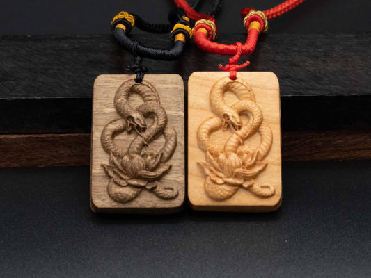 snake necklace,year of snake,lotus pendant,wood snake pendant,wood carving,carve snake pendant,symbolize Transformation and Rebirth