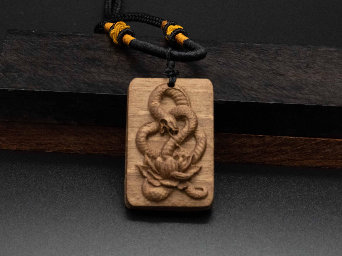 snake necklace,year of snake,lotus pendant,wood snake pendant,wood carving,carve snake pendant,symbolize Transformation and Rebirth