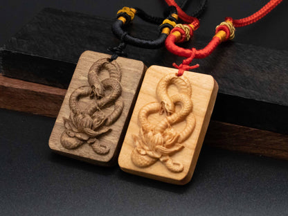 snake necklace,year of snake,lotus pendant,wood snake pendant,wood carving,carve snake pendant,symbolize Transformation and Rebirth