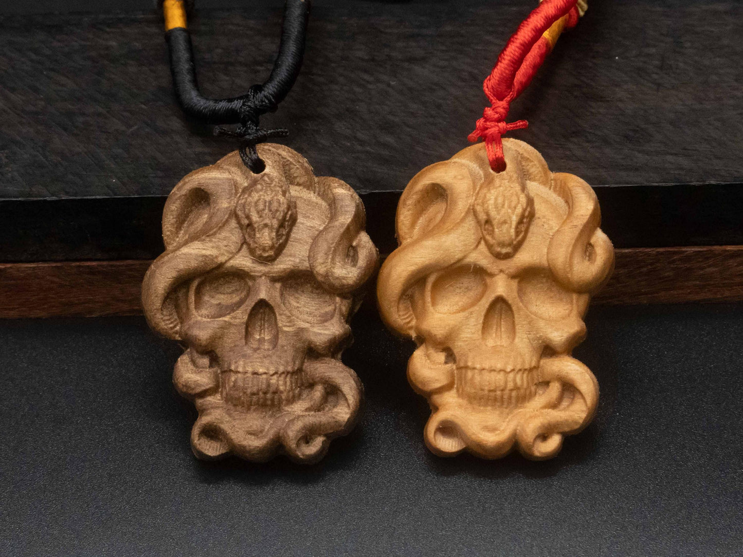 Snake and Skull Pendant | Carved Wooden Necklace in Black Walnut and Cherry Wood | wood carving | Unique Animal and Symbolic Design