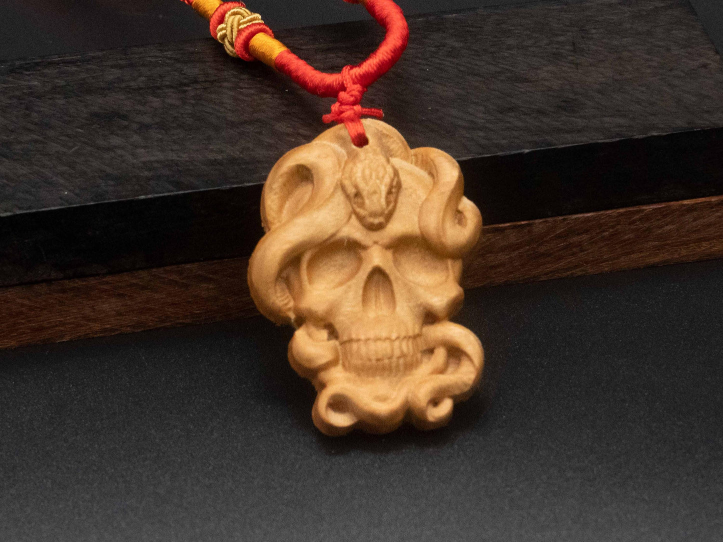 Snake and Skull Pendant | Carved Wooden Necklace in Black Walnut and Cherry Wood | wood carving | Unique Animal and Symbolic Design