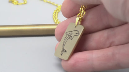 Solid brass necklace,dolphin necklace,dolphin jumping,engraved pendant,brass pendant,engraved necklace,Engraved tag,mean freedom and joy